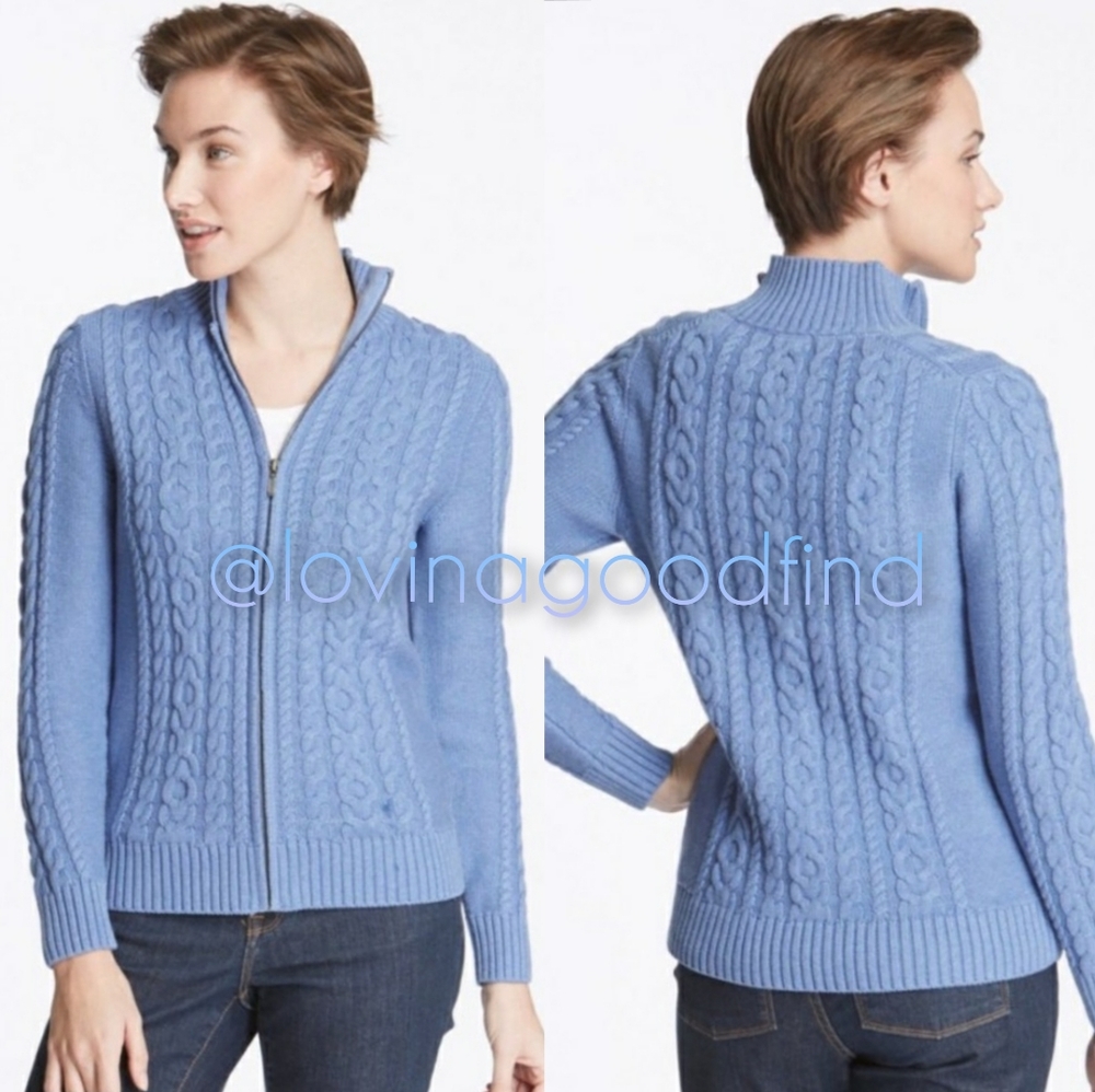 L.L. Bean Heather Blue Cable Zip-Front Cardigan EUC sz M
